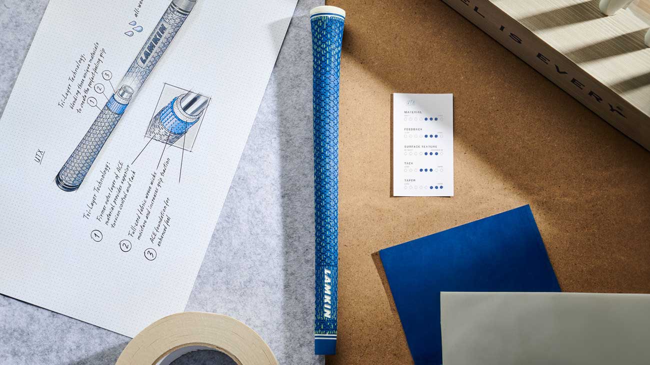 UTX Blue grip from Lamkin Golf Grips laying flat on a desk
